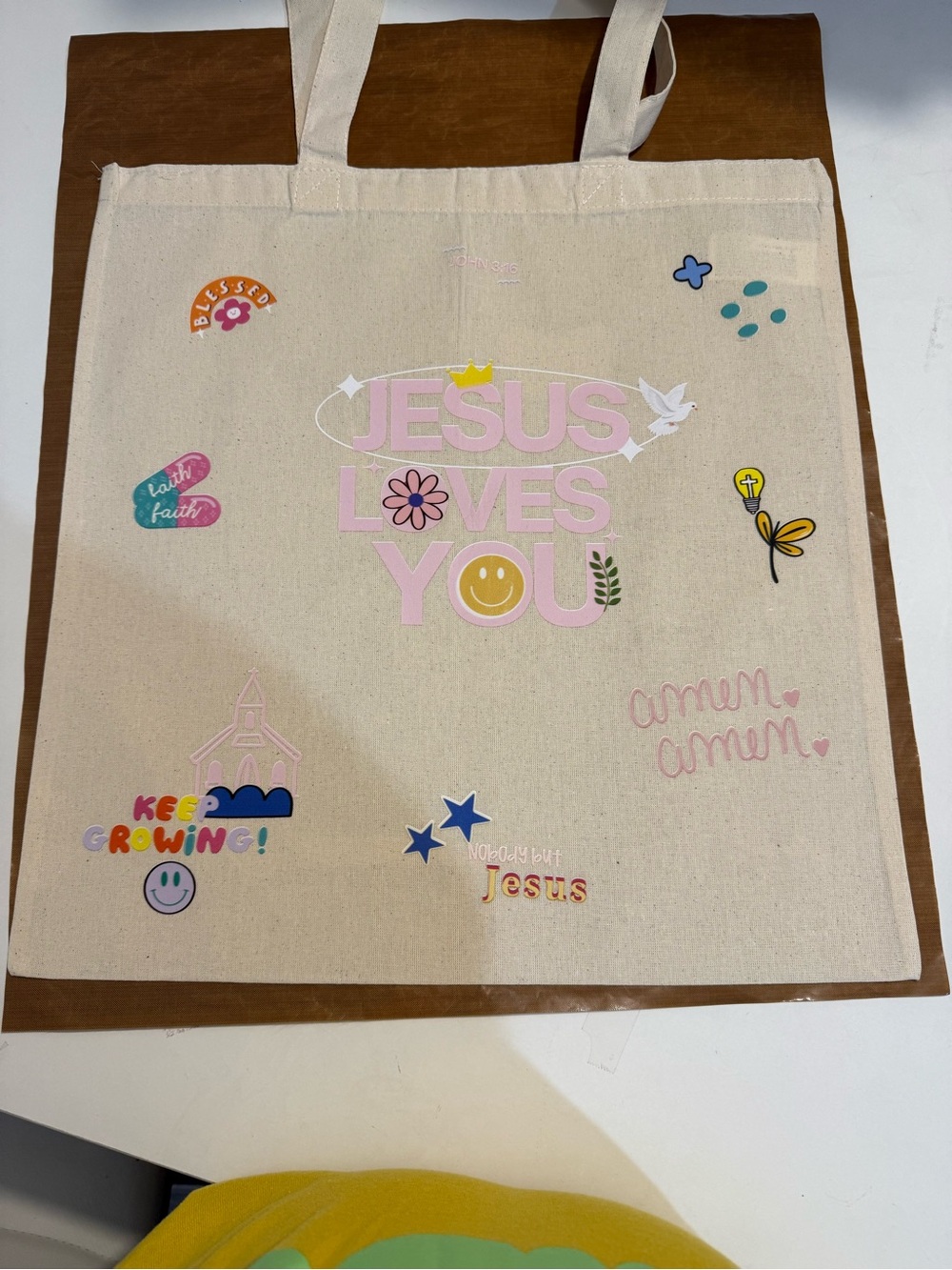 Jesus Loves You Canvas Tote - Cream with Pastel Pink Graphics